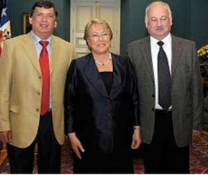 Photo shows, from left, Lautaro Carmona, general secretary of the Chilean Communist Party; Michelle Bachelet; Guillermo Teillier, Communist Party chairman.