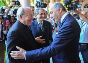 The French foreign minister seen here with Cardinal Jaime Ortega. At center is Jean Mendelson, French ambassador to Cuba.