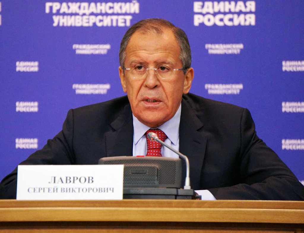 Sergei Lavrov delivering his address in Moscow on Monday.