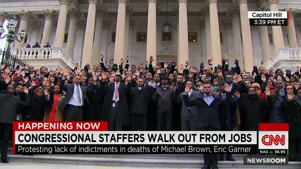 Jess Conner        ✔ @Jecon Follow Congressional staffers walk out to protest the grand jury decisions in the death of Michael Brown and Eric Garner  3:41 PM - 11 Dec 2014