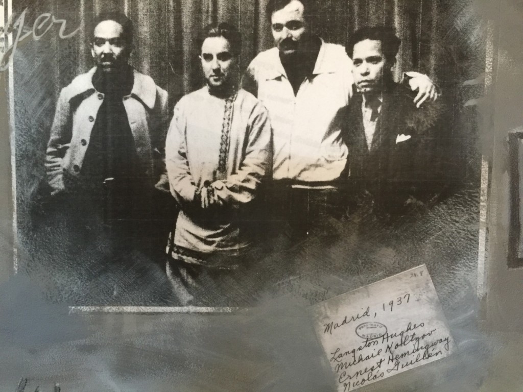 A section of Andy Shallal’s new mural incorporates a 1937 photo made in Madrid of, from left, Langston Hughes, Soviet journalist Mikhail Koltsov, Ernest Hemingway and Nicolás Guillén. (Andy Shallal)