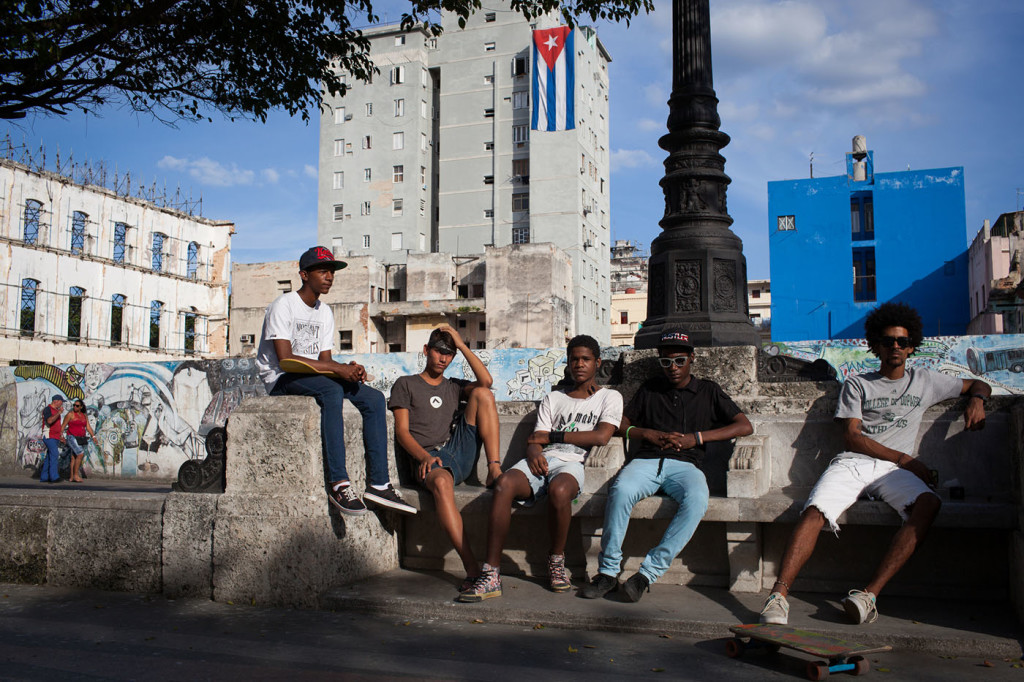 A group of young skateboarders pose for a portrait on the Prado promenade on December 21, 2014.