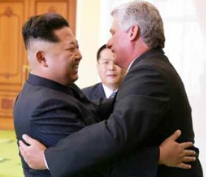 Kim Jong Un embracing Miguel Díaz-Canel at the presidential palace on Sept. 7.