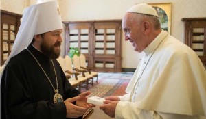 Metropolitan Hilarion Alfeyev, the Russian Orthodox Church's "foreign minister," meeting with Pope Francis in June 2015, perhaps to agree on this month's meeting in Havana.