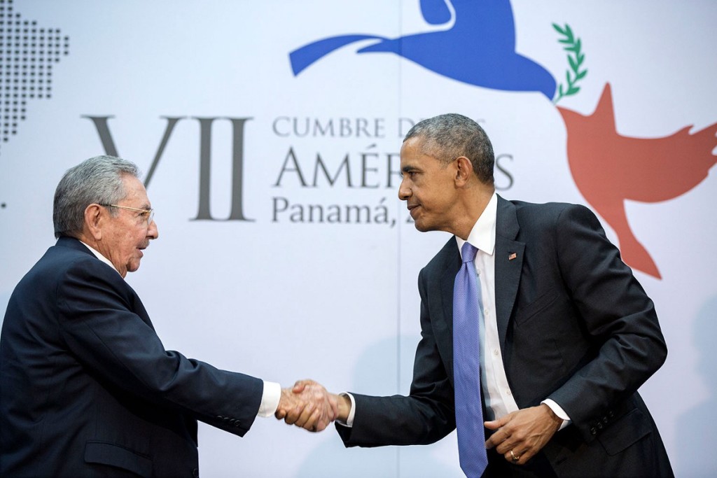 President Barack Obama shakes hands with President Raúl Castro of Cuba during the Summit of the Americas at the Atlapa Convention Center in Panama City, Panama, April 11, 2015. (Official White House Photo by Pete Souza)