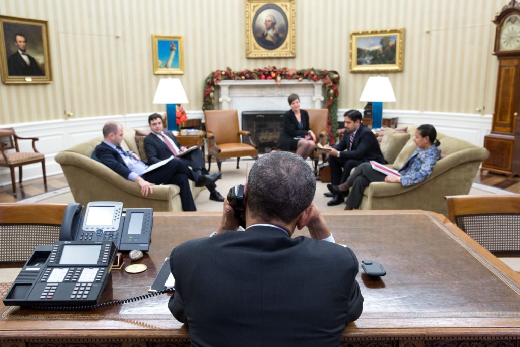 President Barack Obama talks with President Raúl Castro of Cuba from the Oval Office, Dec. 16, 2014. (Official White House Photo by Pete Souza)