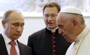 Msgr. Visvaldas Kulbokas interpreting conversation between Vladimir Putin and Pope Francis in Rome on June 11, 2015.