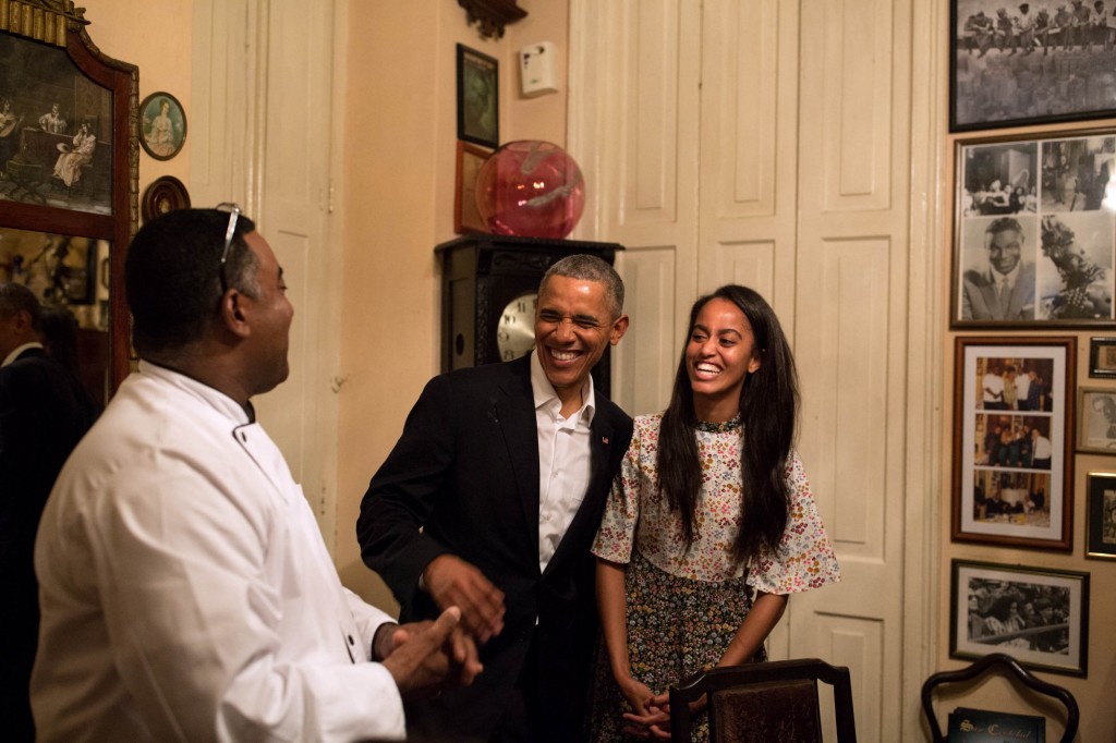President Barack Obama and daughter Malia share a laugh as Malia interprets in Spanish for a restauranteur in Havana, Cuba, Sunday, March 20, 2016. (Official White House Photo by Pete Souza)