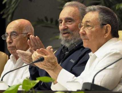 José Ramón Machado Ventura, Fidel and Raúl Castro at the Sixth Congress. They represent the historical leadership of the Revolution.