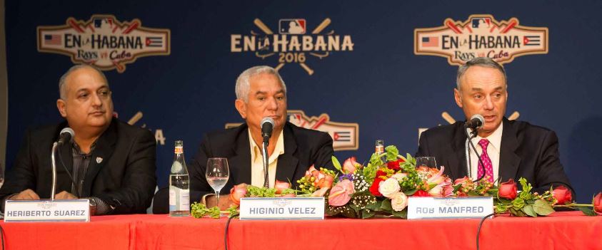 From left: Heriberto Suárez, Cuban baseball commissioner; Higinio Vélez, president of the Cuban Baseball Federation; Robert Manfred, Major League Baseball commissioner, meeting in Havana in March.