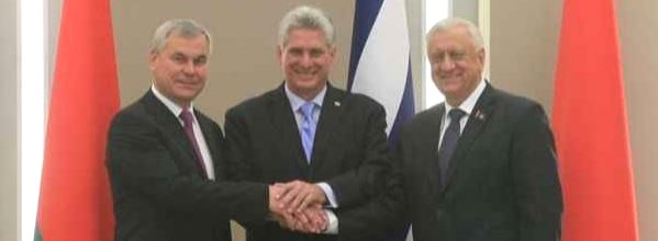 PHOTO SHOWS, from left, Vladimir Andreichenko, Miguel Díaz-Canel and Mikhail V. Myasnikovich.