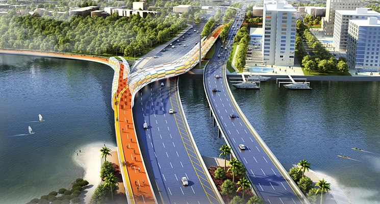 A rendering of the proposed plan by architect Bernard Zyscovich, which reimagines a Miami causeway as an urban park and cycling/pedestrian path.